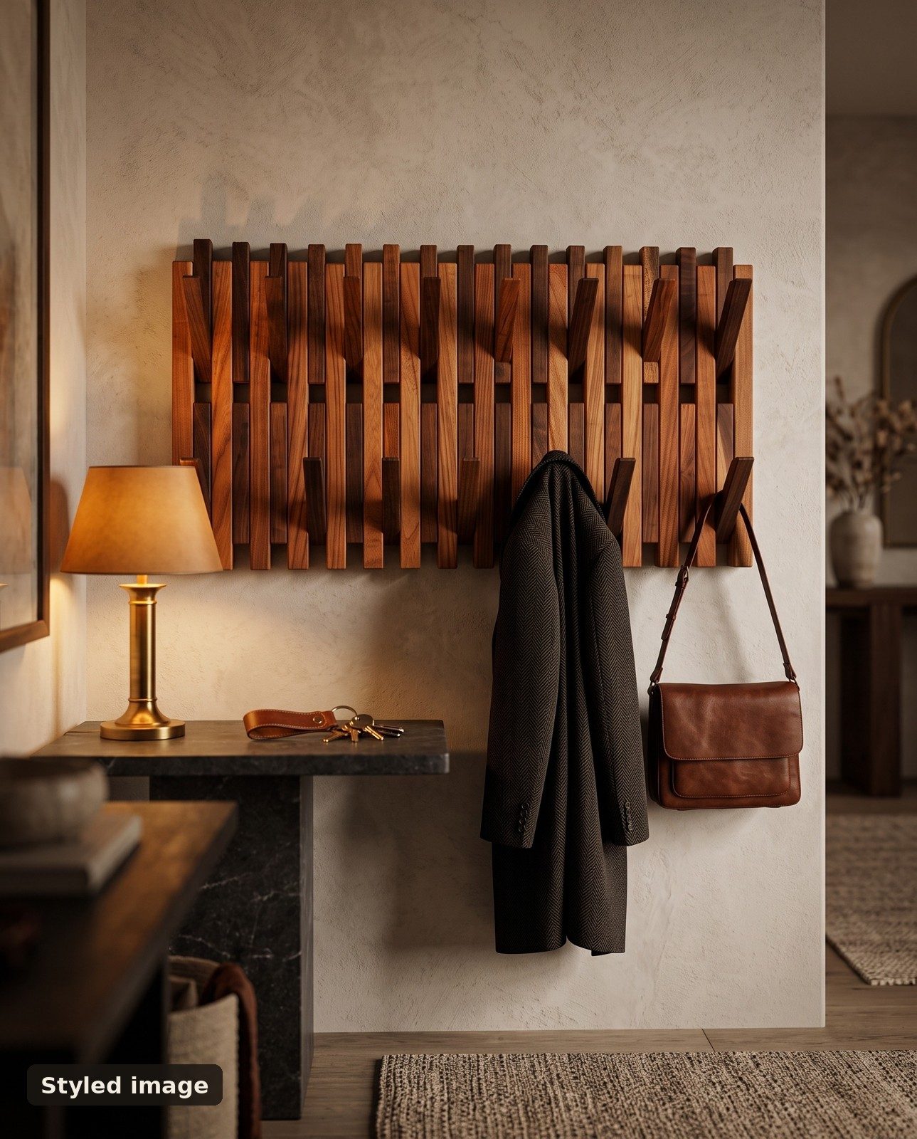 AI-generated styled image, not a photo of a real install: a walnut and elm slat rack in a lamp-lit entryway with a coat and bag